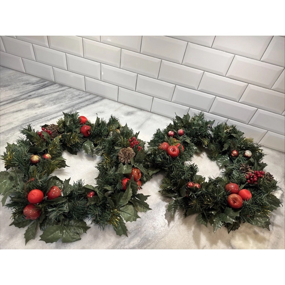 Pair Of Vintage Holiday Wreaths/candle Rings With Apples/berries/pine‎ Cones